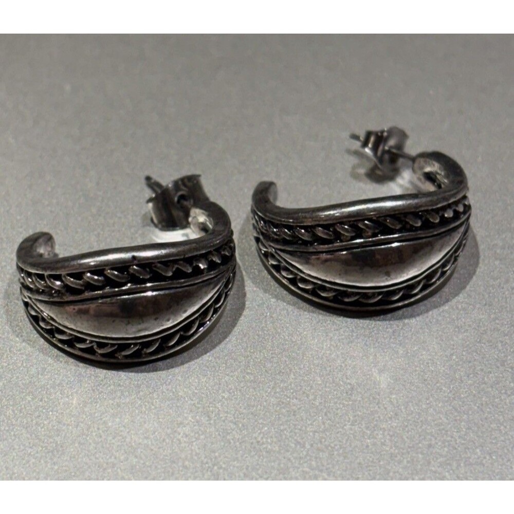 Vintage RMN Silver Tone Antiqued Rope Half Hoop Earrings J-Hoop Pierced